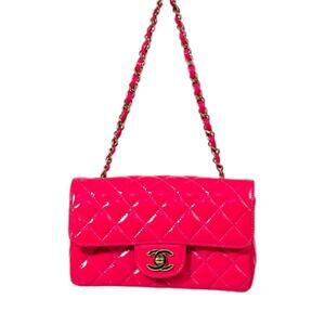 Chanel Patent Leather Quilted Interlocking CC Flap Mini Shoulder Bag Neon Pink